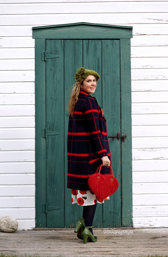 Winnipeg Style, style consultant, personal shopper, Chicwish rose print dress, Chie Mihara eye lash Geraldine green leather shoes, Mary Frances red heart bag, Chicwish navy red grid sweater coat, Kate Spade race car bangle